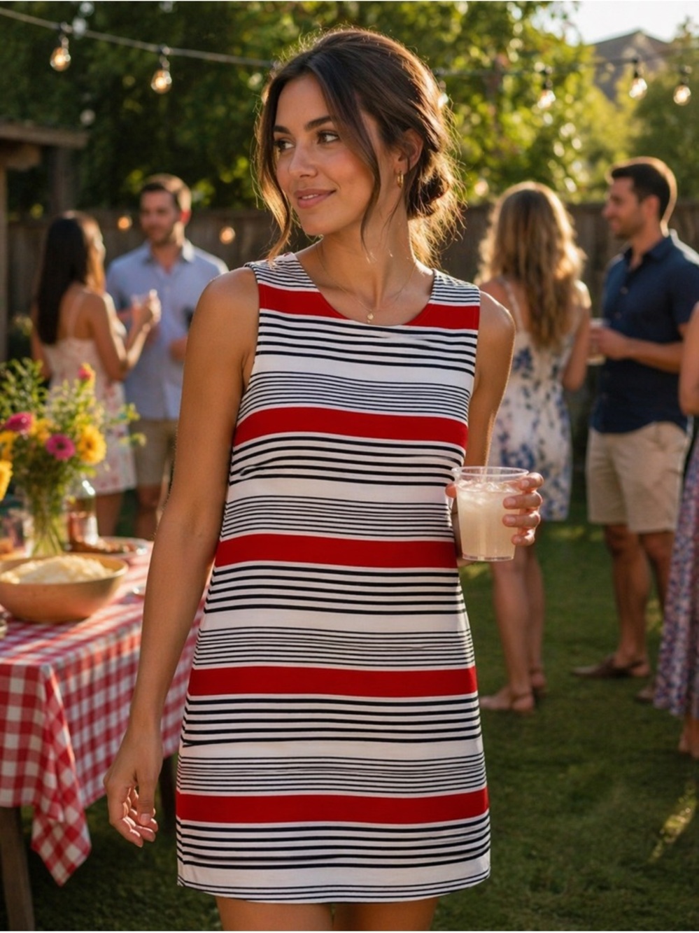 Sans Souci Red, White & Black Striped Sleeveless Dress